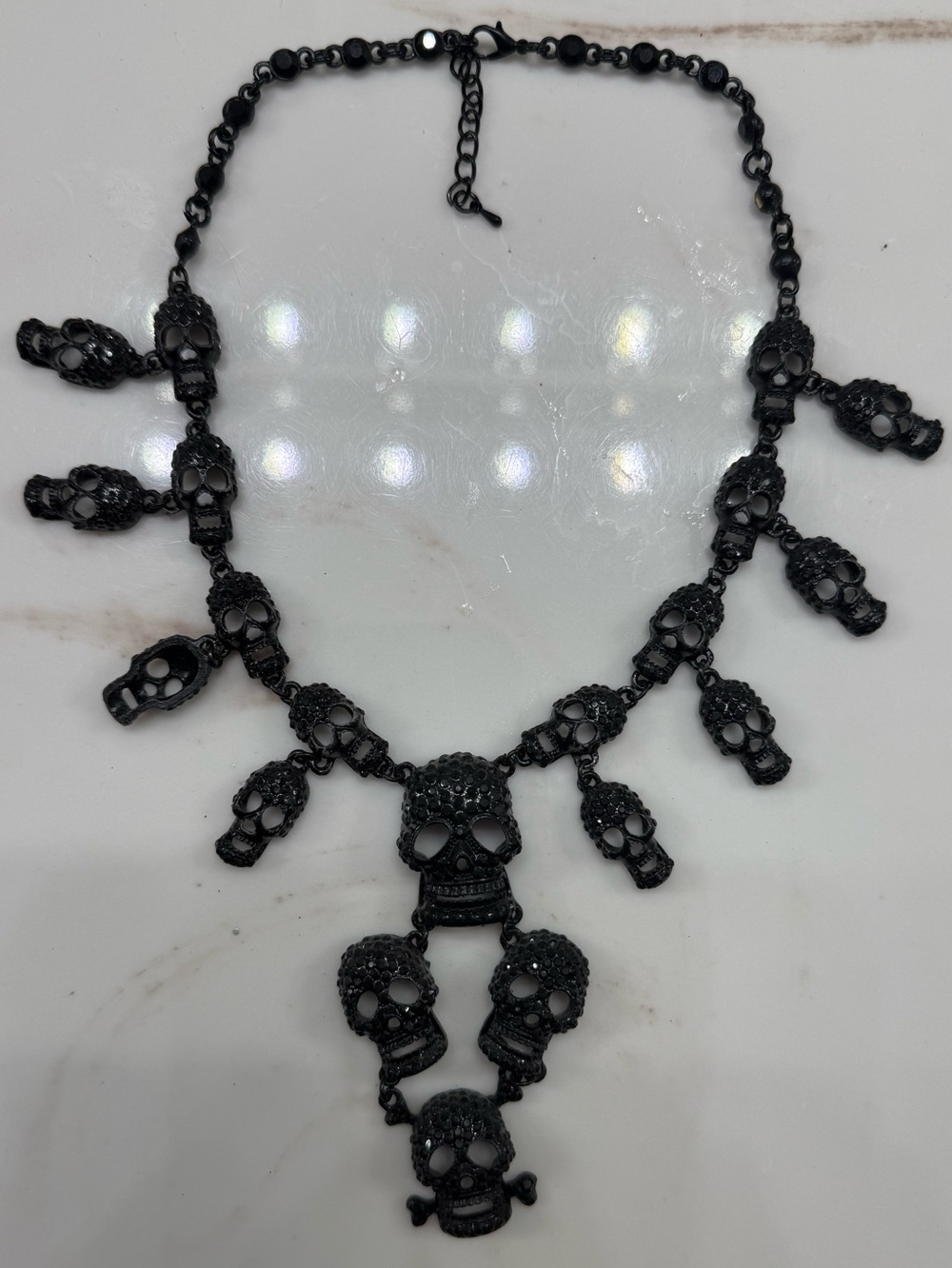 Black Rhinestone Skull Statement Bib Necklace.